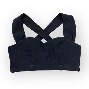 MinkPink black ribbed crop top bustiere, criss cross straps, stretchy, size S